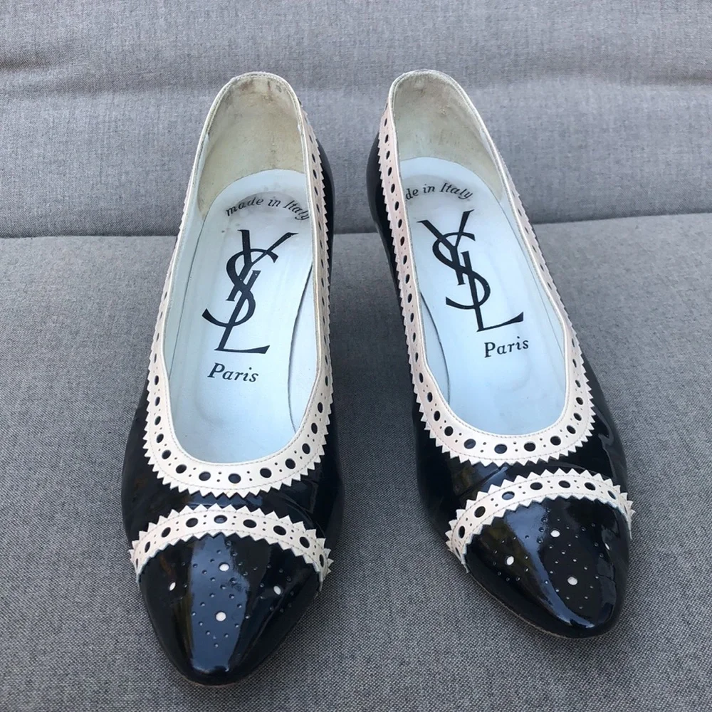 YSL Vintage Patent Spectator Pump in Ivory & Black - Picture 12 of 13